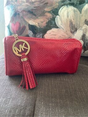 Michael Kors Red Tassel Leather Zip Cosmetic Pouch New